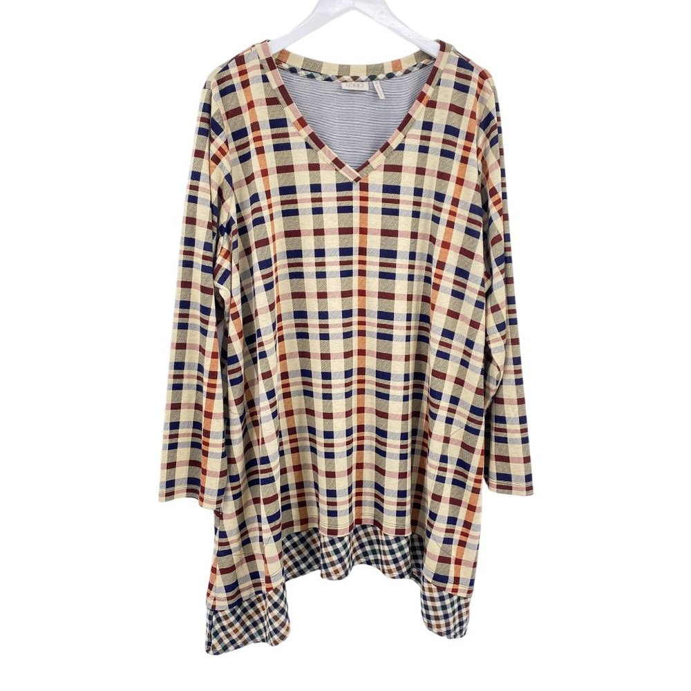 Logo Lori Goldstein plaid tunic size 3X pockets‎ shark bite hem tan blue